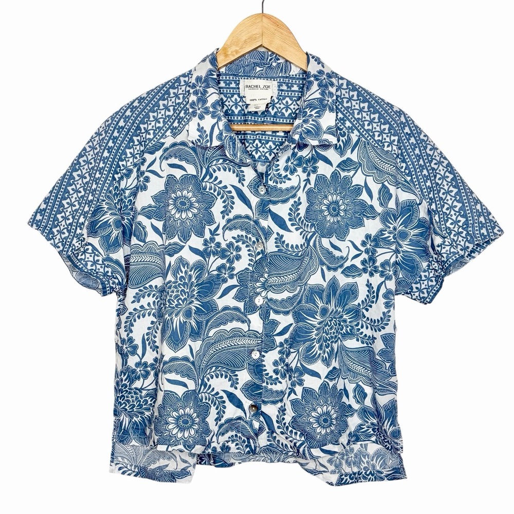 Rachel Zoe Blue And White Floral Cropped Shirt Womens Small Coastal Boho Beachy